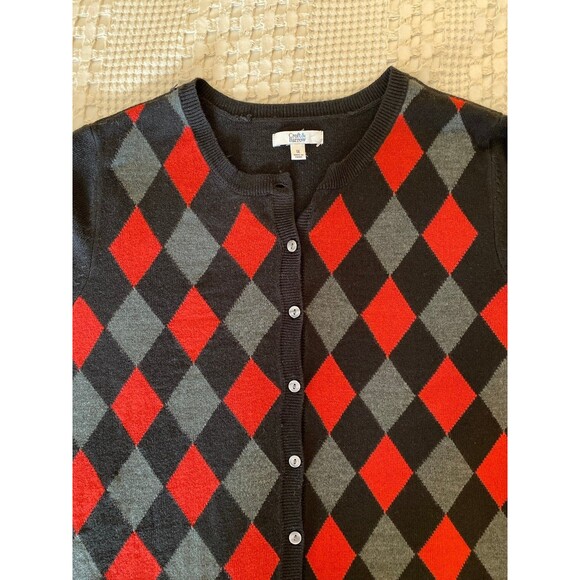 Croft & Barrow Argyle Cardigan Size 1X Black Red Diamond Checkered Button Down - Picture 1 of 8